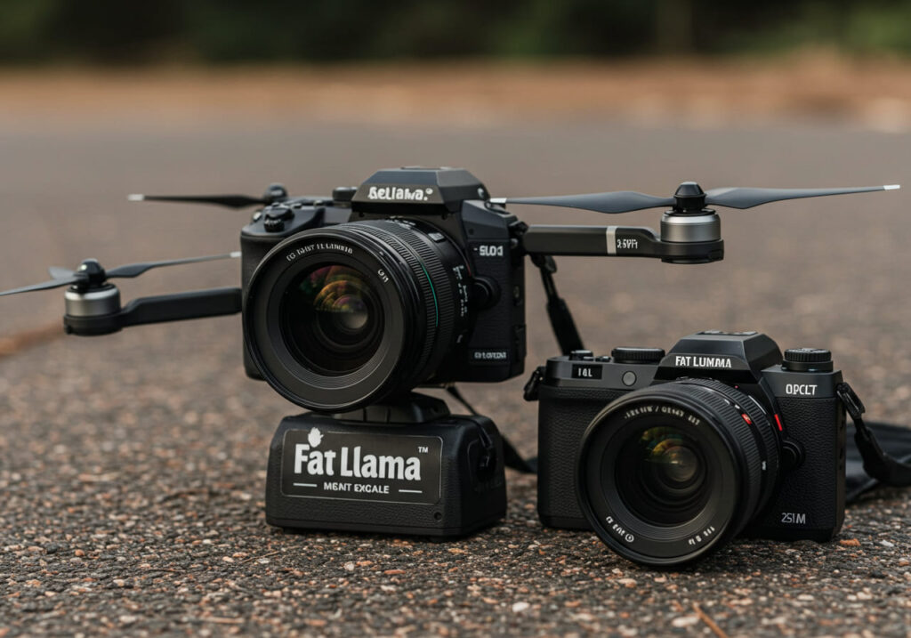 A camera and drone displayed with the Fat Llama logo.