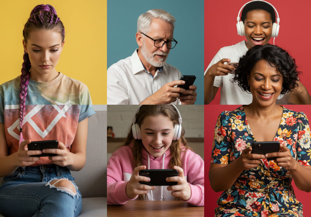 A collage of players of different ages enjoying the game on their phones.