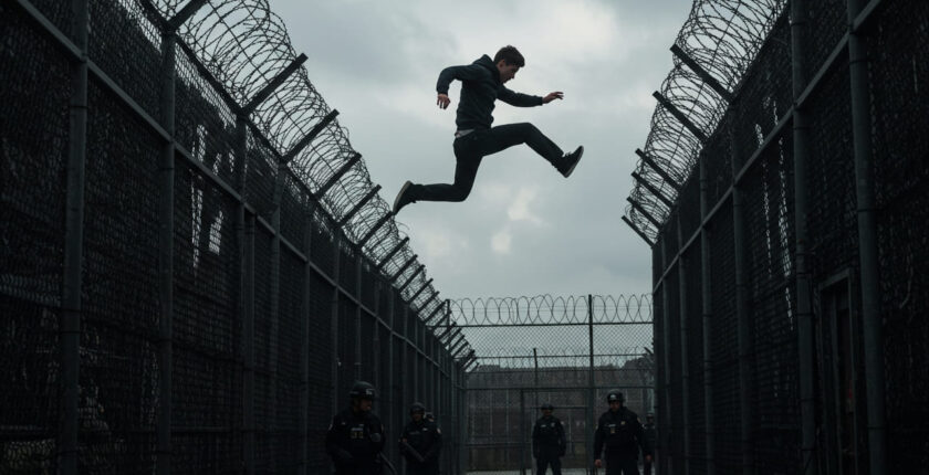 A dramatic scene showing a character mid-parkour jump in a high-security prison setting.