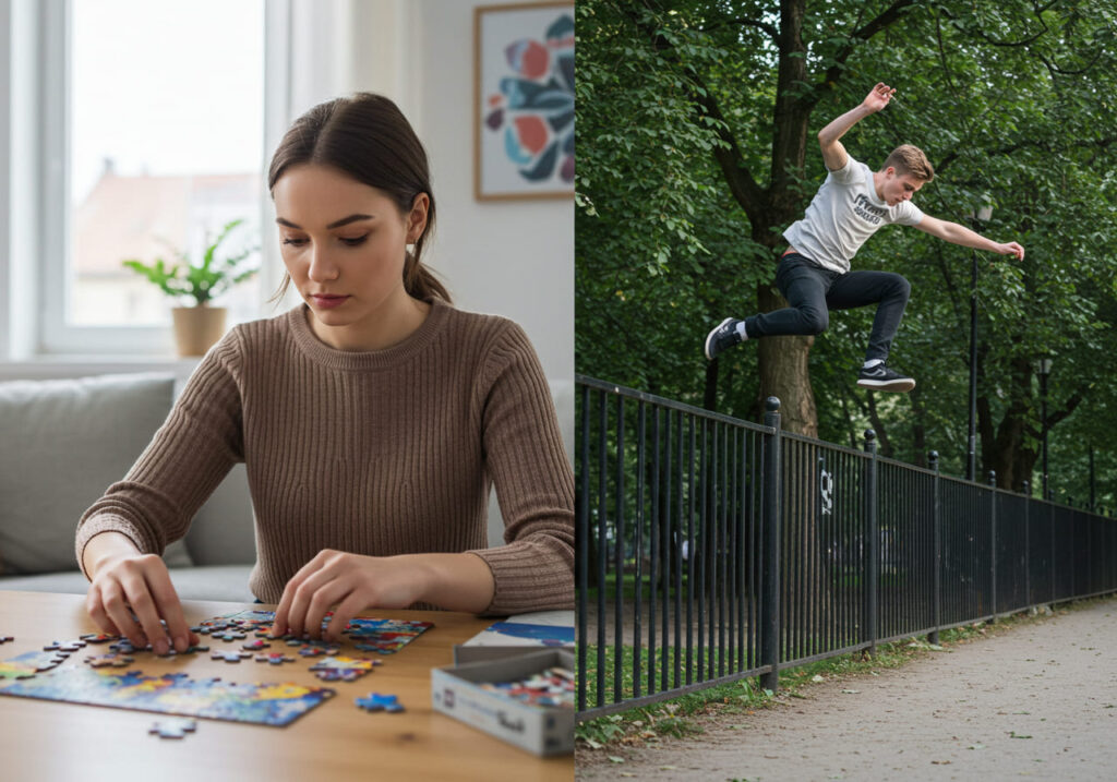 A split-screen comparison showing a puzzle-solving moment vs. a parkour sequence.