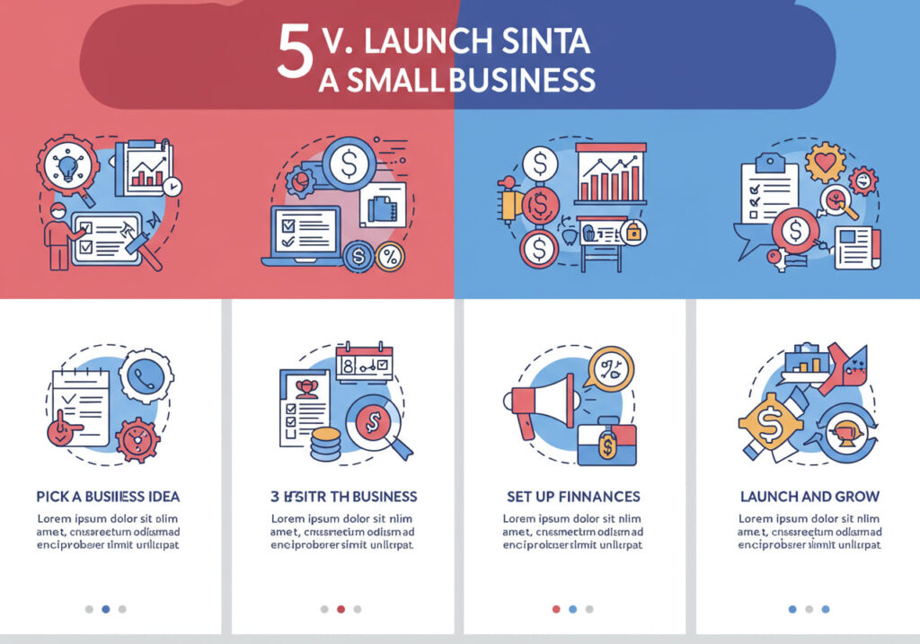 infographic showing five steps to start a small business in the USA in 2025, featuring icons like checklist, laptop, and marketing tools.