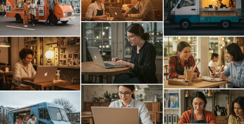 Diverse group of entrepreneurs working in various settings including cafes, home offices, and small local businesses in 2025.