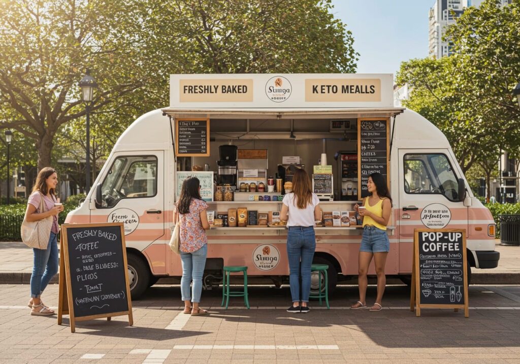 Colorful food truck scene with customers, pop-up coffee signage, and a street food environment representing mobile business ventures.