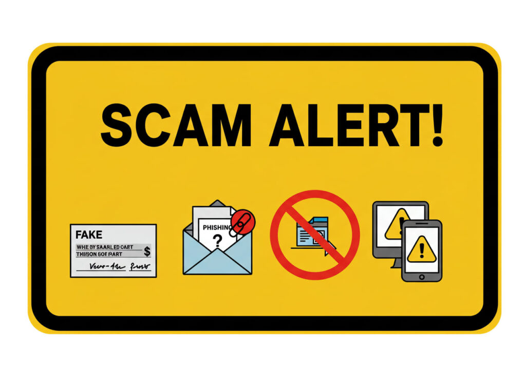 A warning sign with text “Scam Alert!” and icons of fake checks, phishing emails, and locked devices.