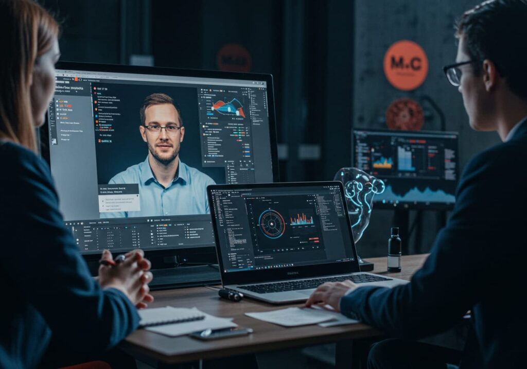 Candidate being interviewed for an artificial intelligence role in a modern office.