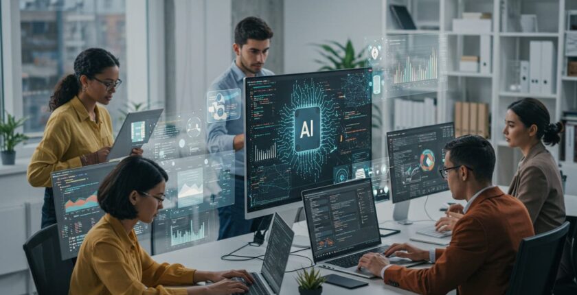 Diverse artificial intelligence team working together in a modern tech workspace.