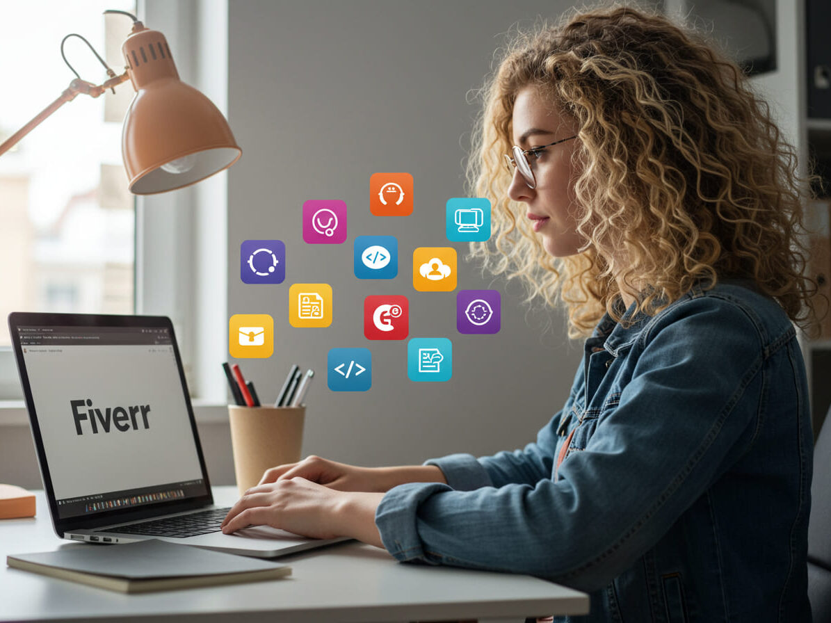 A freelancer working on a laptop with Fiverr’s logo and icons of services. How to Make Money in USA