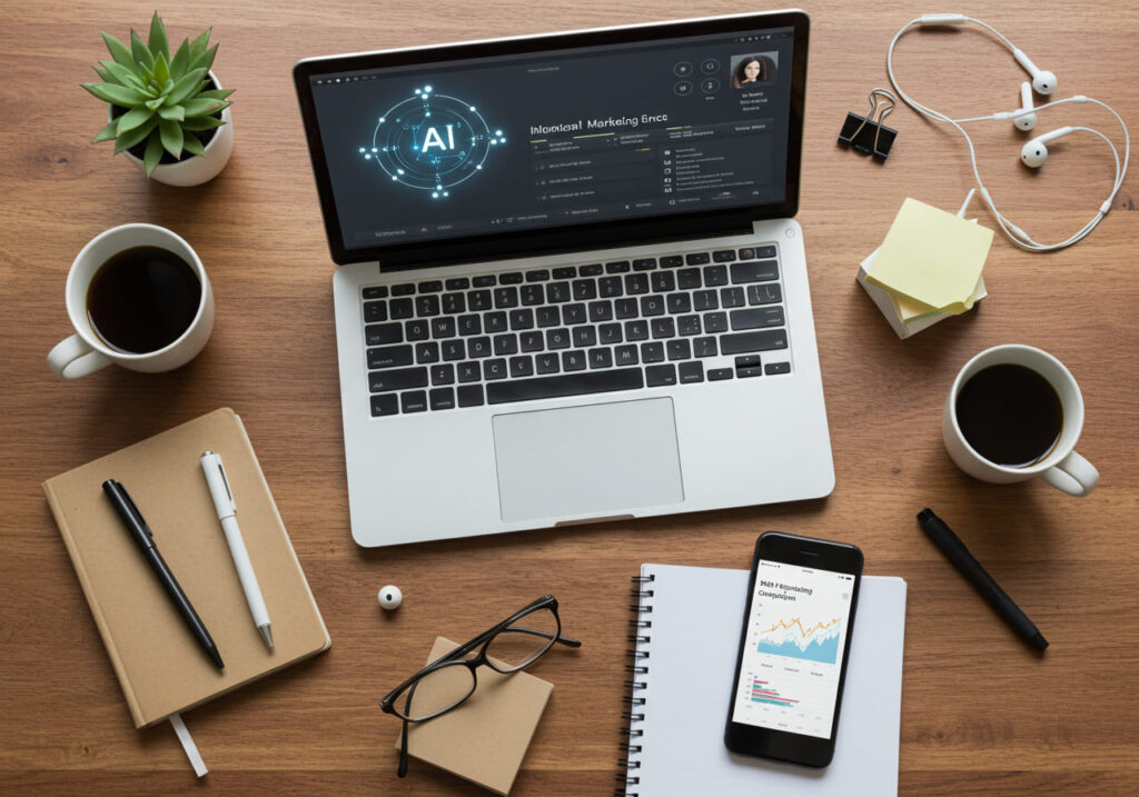 Group of diverse marketers collaborating on AI-driven influencer campaigns.