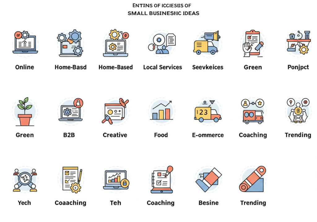 Infographic illustrating 11 categories of small business ideas including online, home-based, local services, tech, and green businesses.