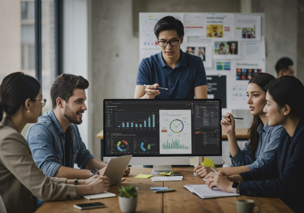 Group of diverse marketers collaborating on AI-driven influencer campaigns.