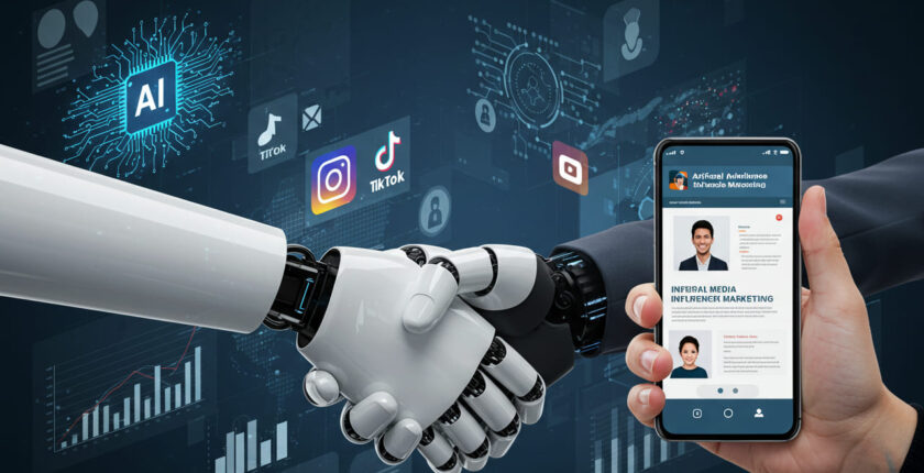 AI meets influencer marketing – a robotic and human hand collaborating over social media strategy.