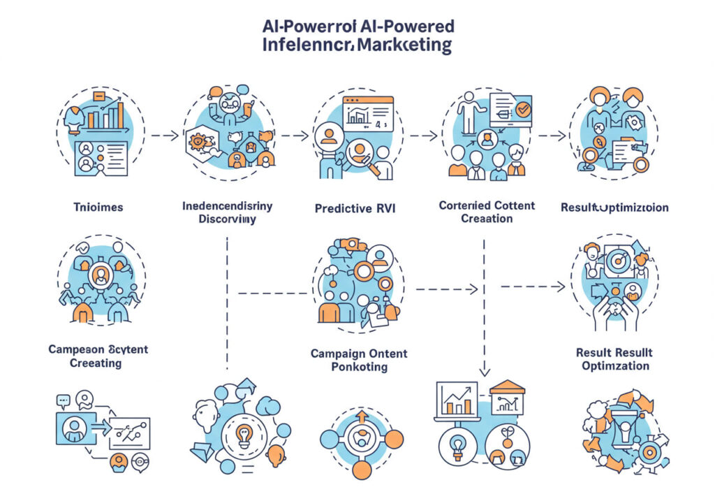 Step-by-step infographic of how AI powers influencer marketing, from discovery to optimization.