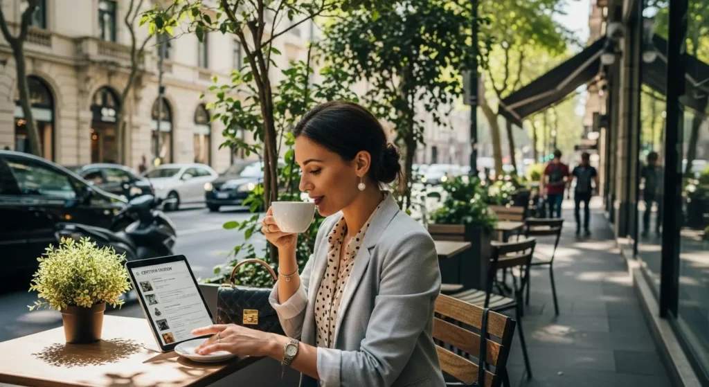 A confident freelance woman working outdoors at a city café, enjoying a peaceful moment with coffee and digital tools, showing work-life harmony.