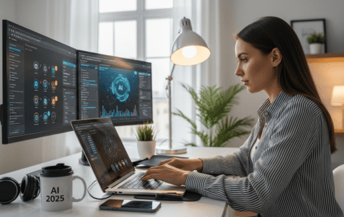 A photorealistic freelancer using AI tools in a modern home office setup, symbolizing smart earning and productivity in 2025.