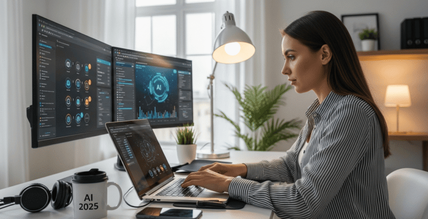 A photorealistic freelancer using AI tools in a modern home office setup, symbolizing smart earning and productivity in 2025.