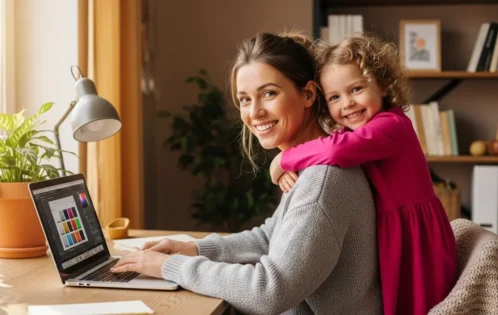 A happy freelance woman enjoying a joyful moment with her daughter while working from home on her laptop, representing freelance success.