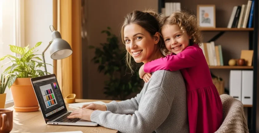 A happy freelance woman enjoying a joyful moment with her daughter while working from home on her laptop, representing freelance success.