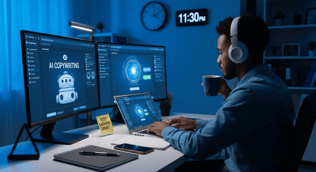 A dedicated freelancer using AI Tools for Freelancers in a modern late-night workspace, boosting productivity and smart earning in 2025.