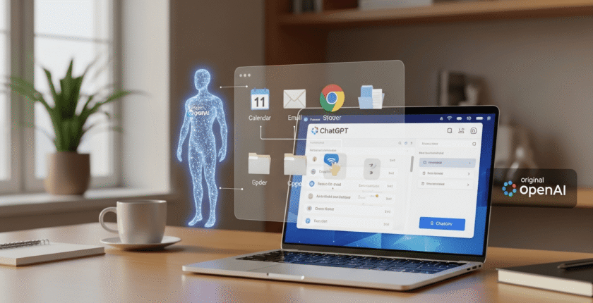 Photo-realistic image of a modern office desk with a laptop displaying ChatGPT agent managing tasks; floating virtual assistant interface with OpenAI logo visible. OpenAI Launches Personal Assistant.