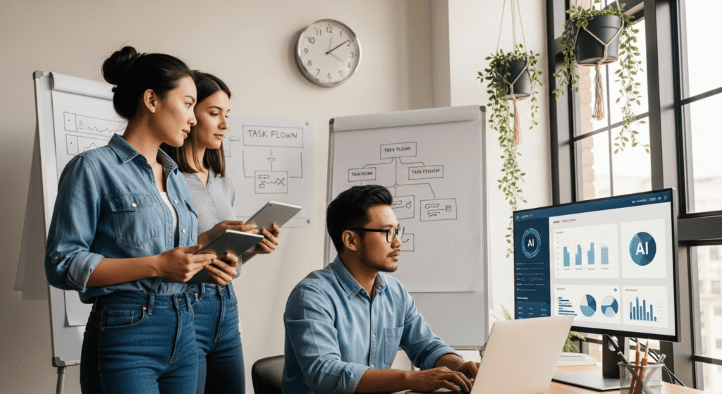 Two professional freelancers working together in a modern coworking space with AI dashboards and tools for efficient project management.